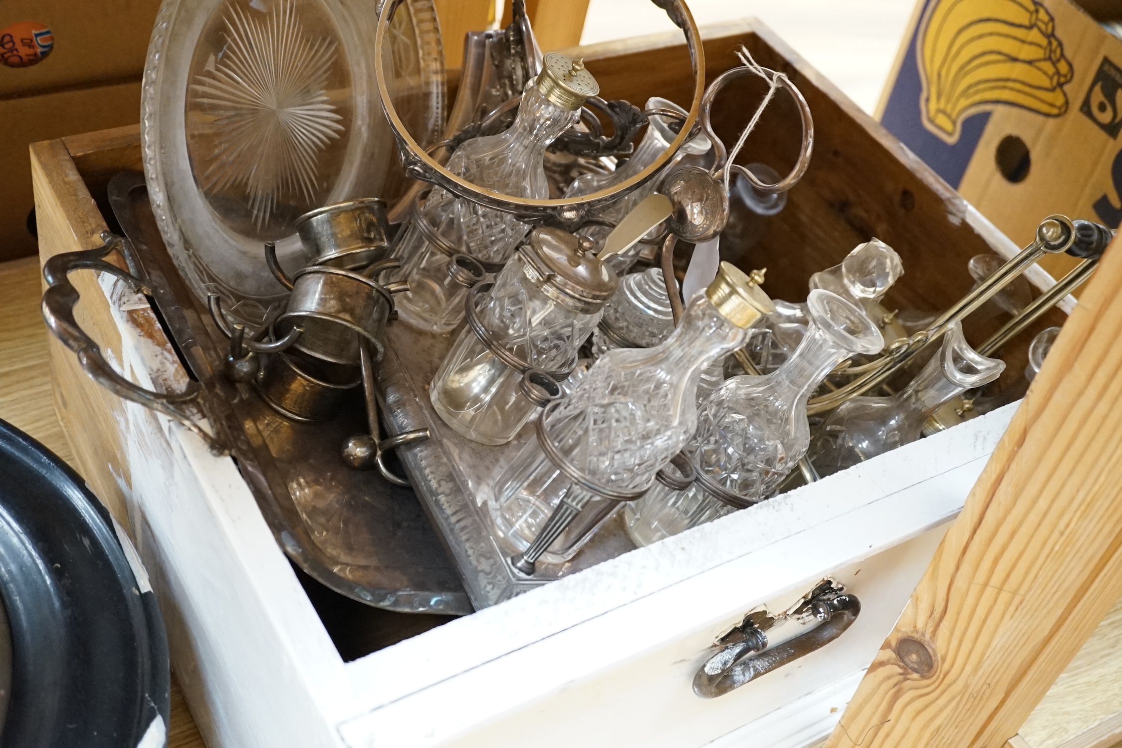 A quantity of silver plate to include a tazza with glass dish, a decanter and a pedestal dish, etc. Condition - fair